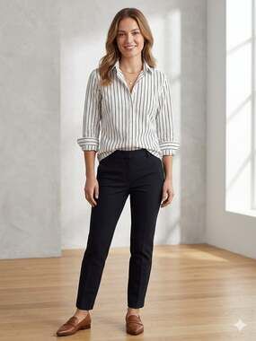 Lauren Ralph Lauren Women's Petite Black and White Striped Long Sleeve Button-Up